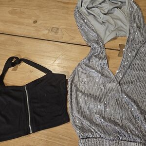 Silver Sequin Hooded Dress and Black Crop Top